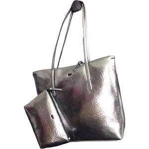 DKNY Metallic Silver Tote with Make Up Bag NWT